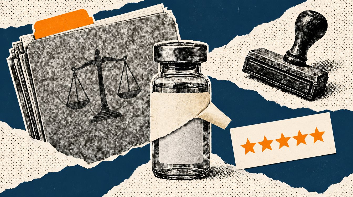 Editorial illustration - a legal case folder with an orange tab and scales, a vial with its label being peeled off, a rubber stamp and a five-star rating card, on a navy and cream torn-paper collage.