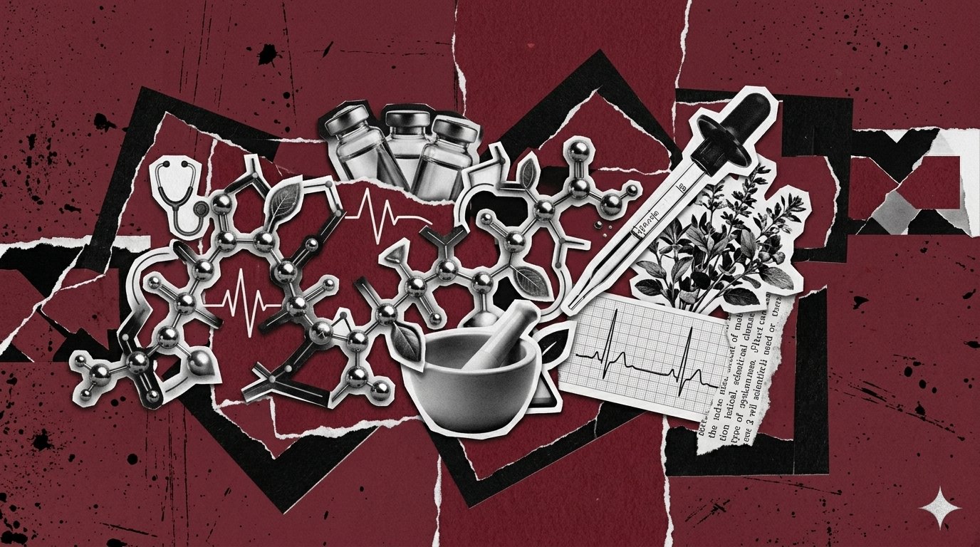 Editorial illustration - molecular structure, stethoscope, vials, dropper, plant, ECG trace, and clinical-paper scraps on dark red collage background.