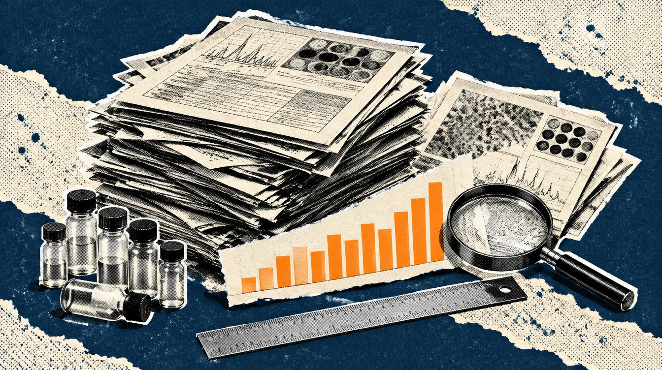 Editorial illustration - A tall stack of lab reports, an orange bar chart strip, a magnifying glass, a ruler and small vials on a navy and cream torn-paper collage.