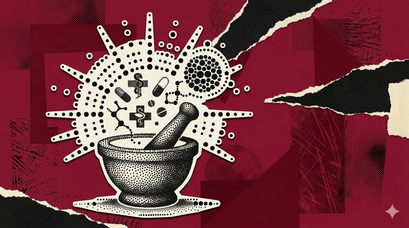 Editorial illustration - mortar and pestle radiating capsules and Rx caduceus symbols on a starburst, dark red collage background.