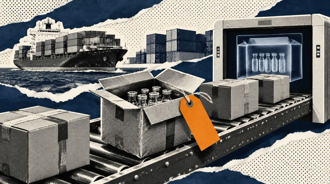 Editorial illustration - parcels on a conveyor, one open with vials and an orange inspection tag, an x-ray scanner and a container ship, on a navy and cream torn-paper collage.