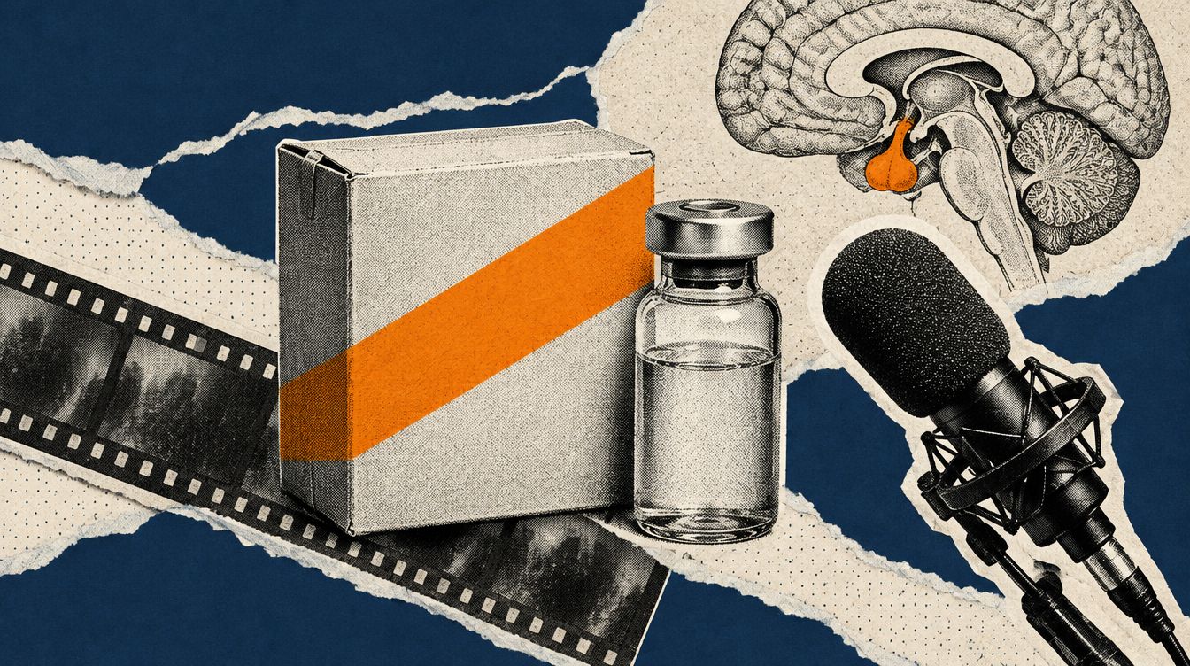 Editorial illustration - a blank vintage drug box crossed with an orange band, a vial, a film strip, a studio microphone and a pituitary sketch, on a navy and cream torn-paper collage.