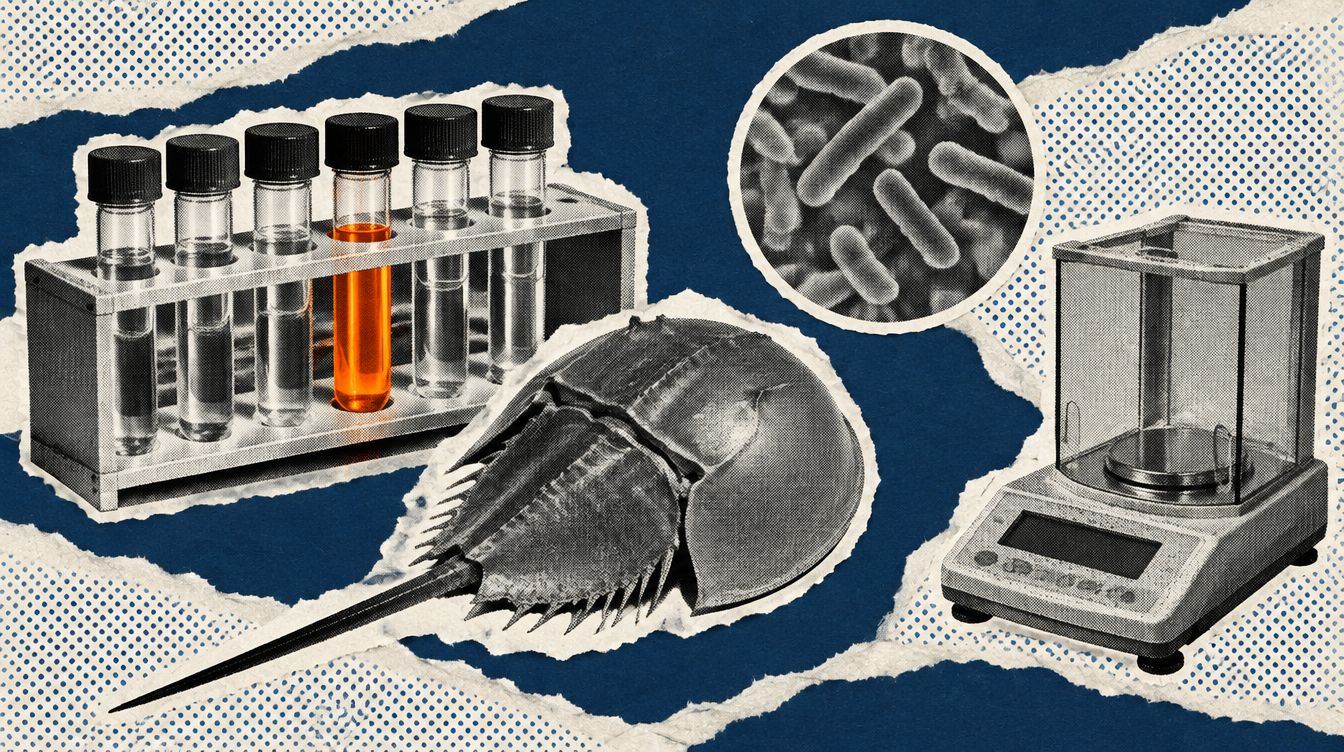 Editorial illustration - a rack of test tubes with one orange tube, a horseshoe crab, a balance and a magnified view of rod-shaped bacteria, on a navy and cream torn-paper collage.