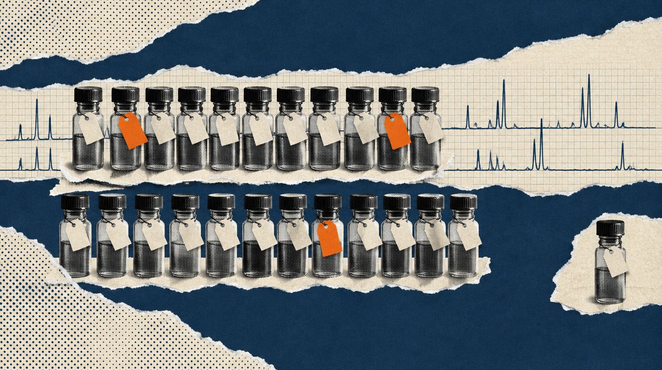 Editorial illustration - two rows of small tagged vials, a few tags in orange, a chromatogram strip behind and one vial set apart, on a navy and cream torn-paper collage.
