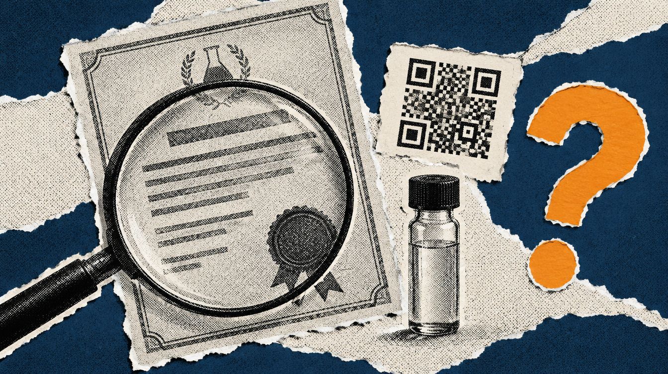 Editorial illustration - A lab certificate with a seal under a magnifying glass, an abstract square code, a vial and an orange question mark on a navy and cream torn-paper collage.