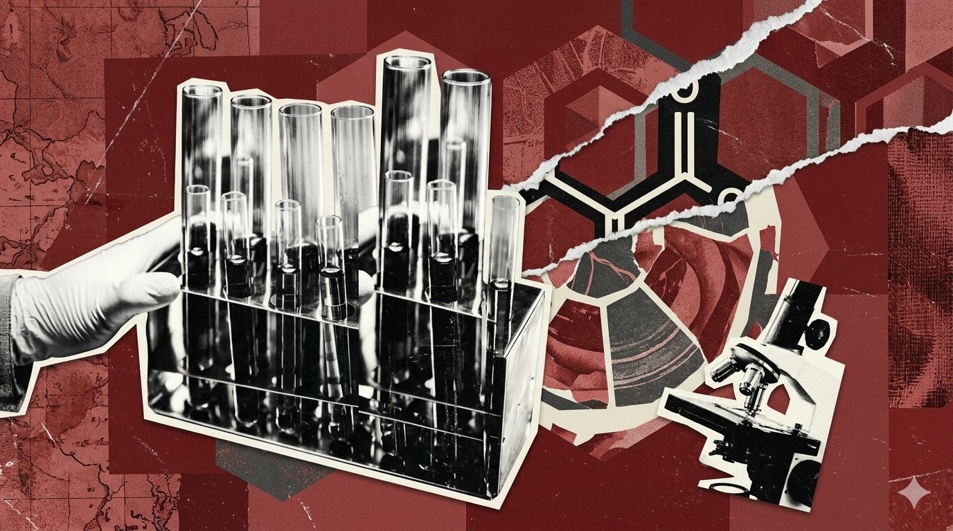 Editorial illustration - gloved hand holding a test-tube rack, microscope, molecular structure, on a map and dark red collage background.