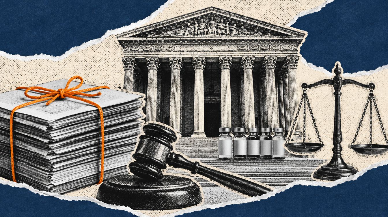 Editorial illustration - a columned courthouse, a stack of filings tied with orange string, a gavel, scales and small vials on the steps, on a navy and cream torn-paper collage.