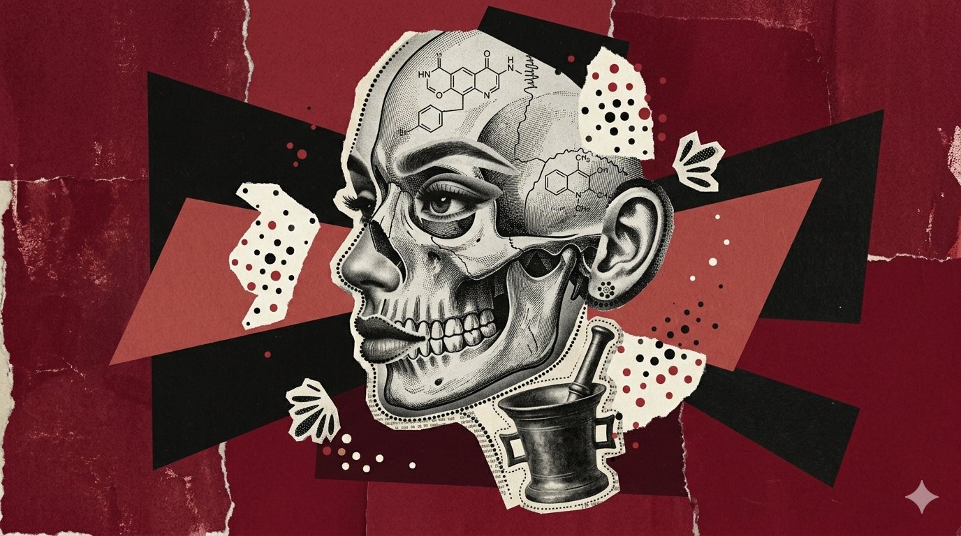 Editorial illustration - profile-view cranium with chemical structures inside, mortar and pestle below, dark red collage background.