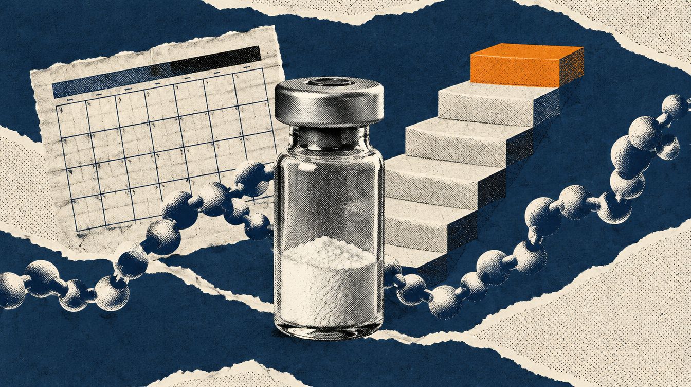 Editorial illustration - A powder-filled research vial in front of rising paper steps with an orange top step, a blank calendar grid and a chain of beads on a navy and cream torn-paper collage.