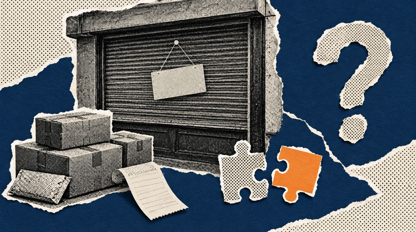 Editorial illustration - a shopfront with a pulled-down shutter and a blank sign, unopened parcels, a receipt, an orange puzzle piece and a paper question mark, on a navy and cream torn-paper collage.