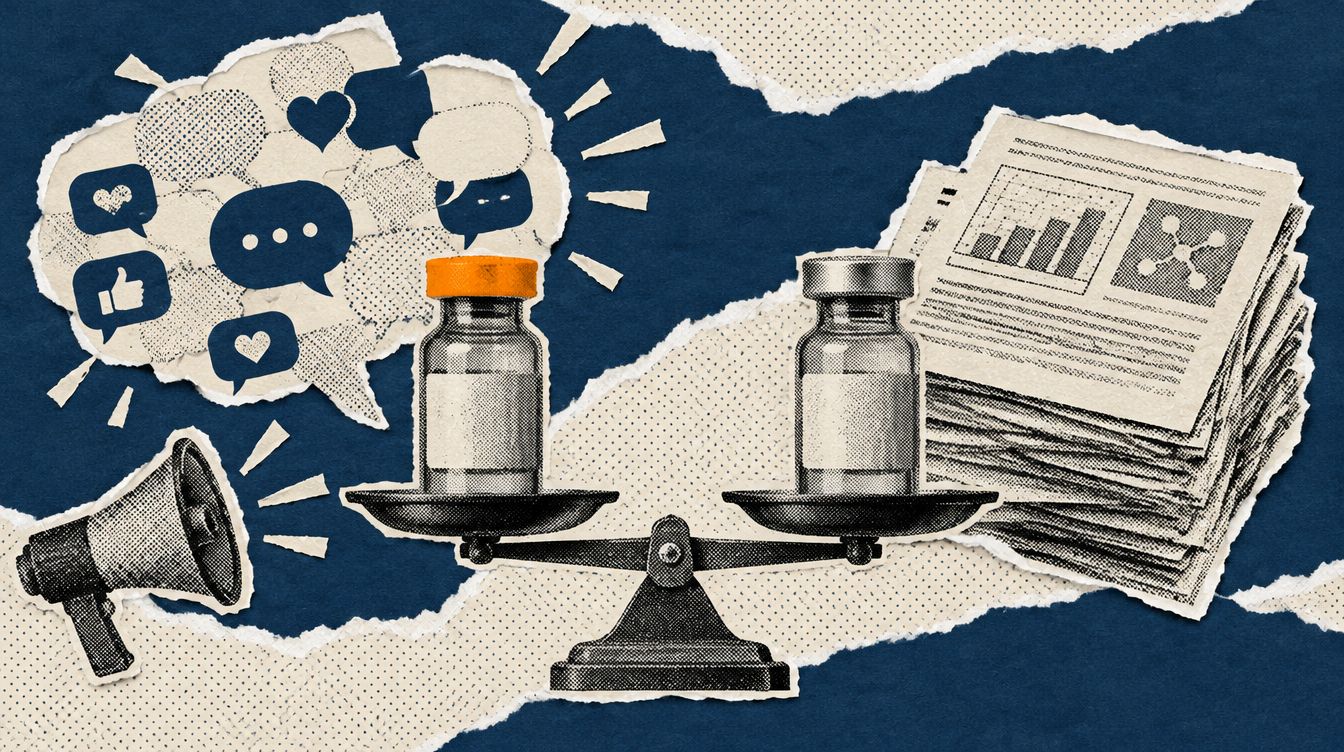 Editorial illustration - two vials on balance scales, one with an orange cap, a cloud of social-media icons, a megaphone and a stack of journal pages, on a navy and cream torn-paper collage.