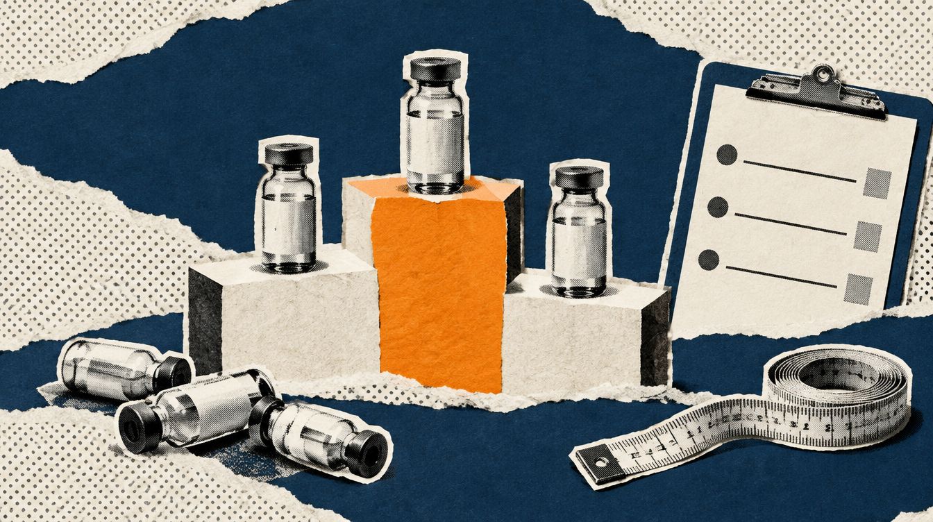 Editorial illustration - small vials standing on a paper winners podium with an orange top step, more vials knocked over below, a clipboard and a tape measure on a navy and cream torn-paper collage.