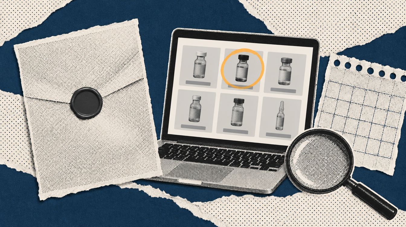 Editorial illustration - a sealed letter, a laptop showing a grid of vial product tiles with one circled in orange, a calendar page and a magnifying glass, on a navy and cream torn-paper collage.