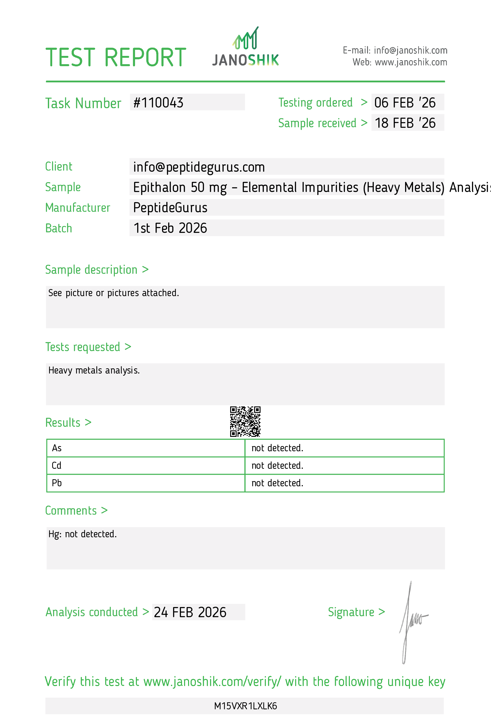 Janoshik test report 110043 — Epithalon, identity not confirmed