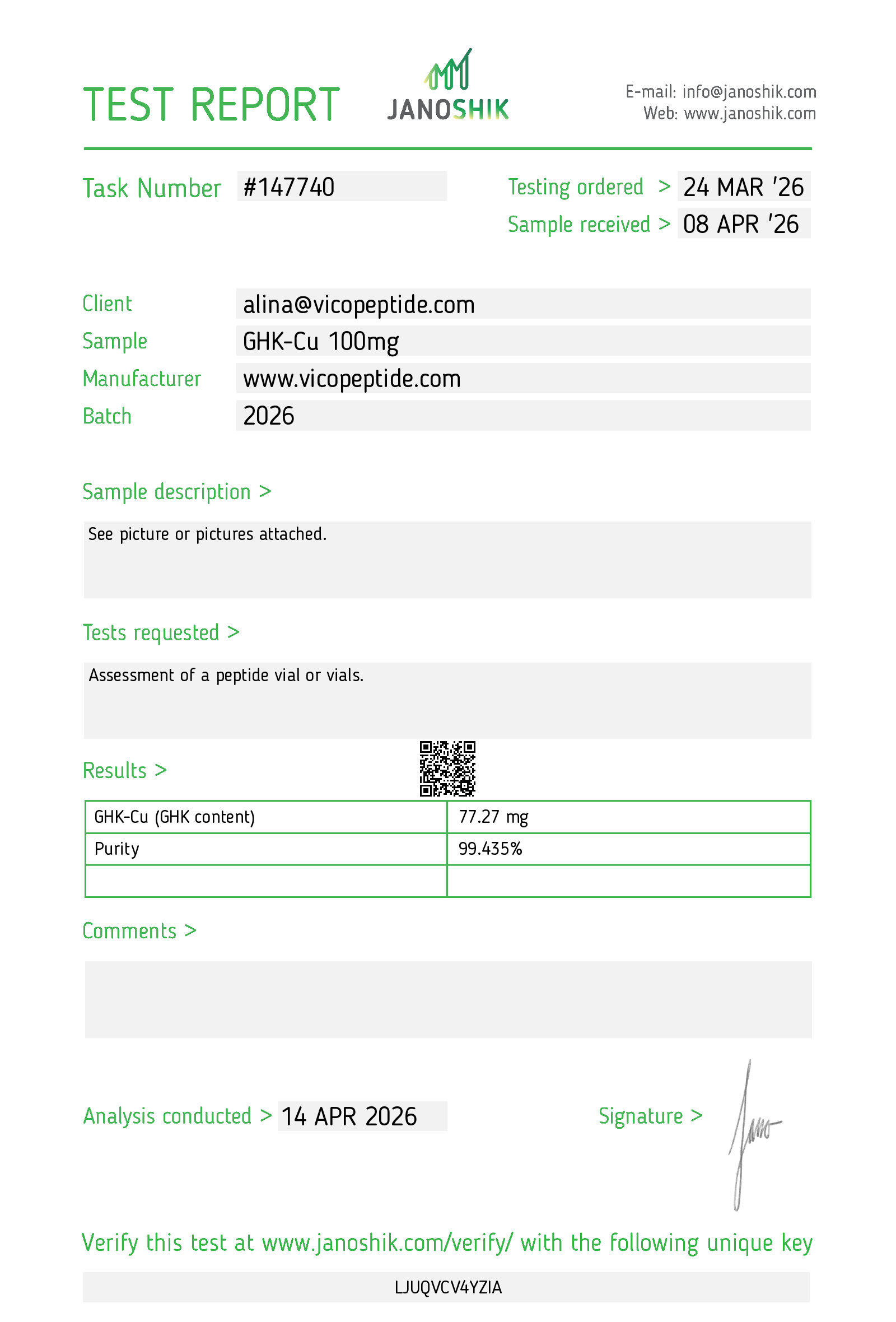 Janoshik test report 147740 — GHK-Cu, 99.435% purity, identity confirmed