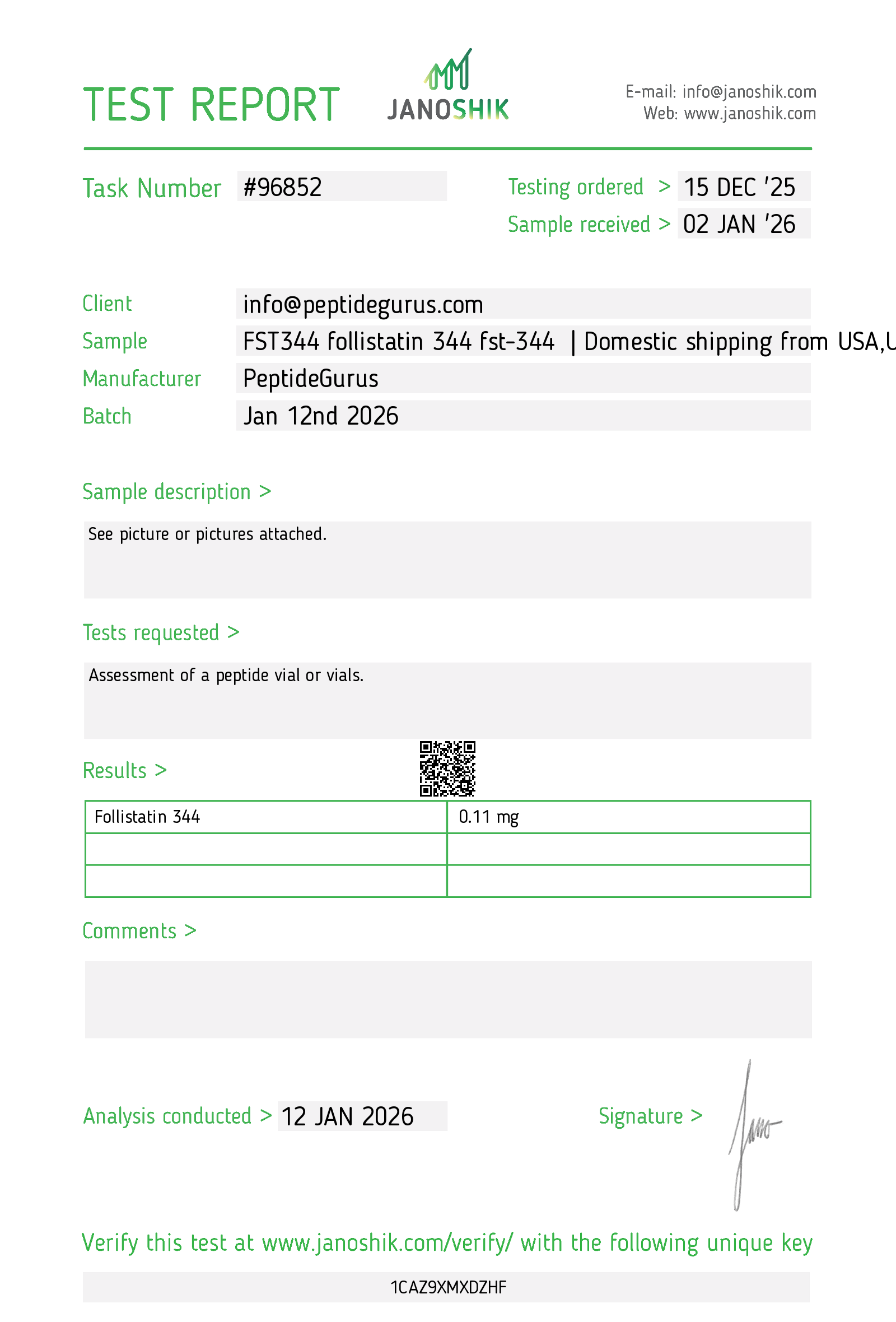 Janoshik test report 96852 — Follistatin 344, marked failed