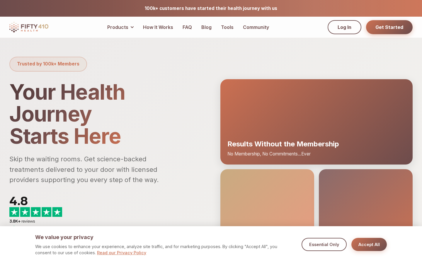 Screenshot of the Fifty410 homepage (fifty410.com) showing the warm-orange hero with the '900k+ customers have started their health journey with us' trust bar, the 'Your Health Journey Starts Here' headline, the 4.8-star review widget, and the 'Results Without the Membership · No Membership, No Commitments, Ever' framing.