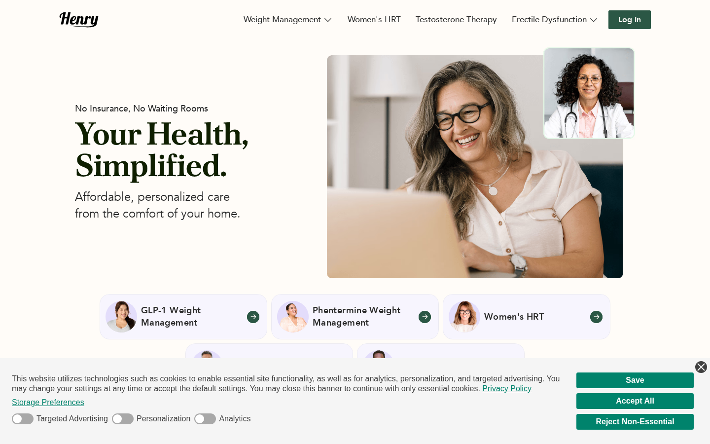 Screenshot of the Henry Meds homepage (henrymeds.com) showing the Henry logo, top-nav across Weight Management / Women's HRT / Testosterone Therapy / Erectile Dysfunction, the 'Your Health, Simplified' headline, the 'No Insurance, No Waiting Rooms' subhead, and three program cards (GLP-1 Weight Management, Phentermine Weight Management, Women's HRT).