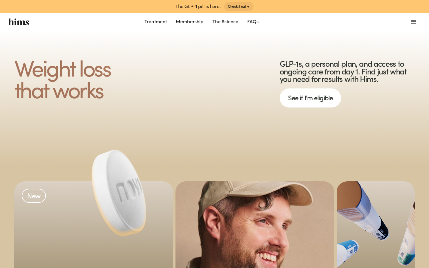 Screenshot of the Hims weight-loss landing page (hims.com/weight-loss) showing the 'Weight loss that works' hero, product photography, and the 'GLP-1s, a personal plan, and access to ongoing care from day 1' messaging.