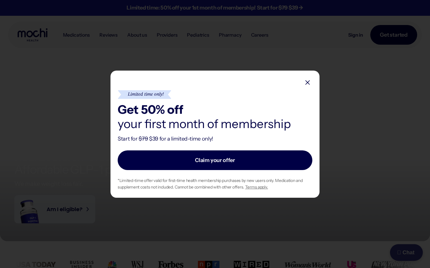 Screenshot of the Mochi Health homepage (joinmochi.com) showing the Mochi Health logo, top-nav across Medications / Reviews / About us / Providers / Pediatrics / Pharmacy / Careers, the 'Affordable GLP-1' headline, an 'Am I eligible?' CTA, and a press-logo strip including USA Today, Business Insider, CNBC, WSJ, Forbes, NPR, Wired, NY Post.