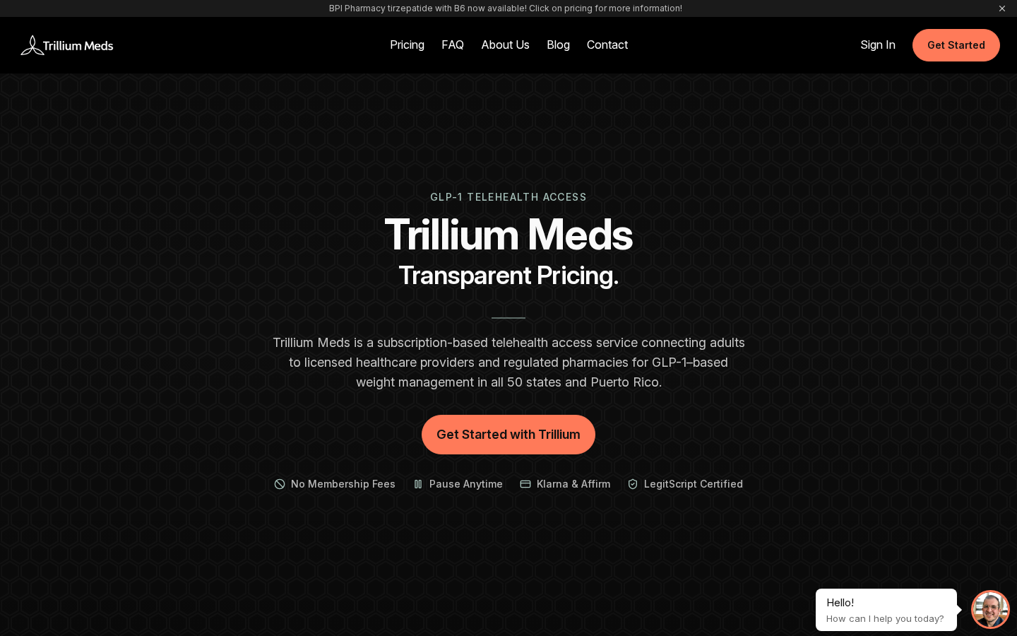 Screenshot of the Trillium Meds homepage (trytrillium.com) showing the dark-themed hero with the 'GLP-1 Telehealth Access · Trillium Meds · Transparent Pricing' headline, a BPI tirzepatide-with-B6 promotion bar, and 'No Membership Fees · Pause Anytime · LegitScript Certified' trust marks.