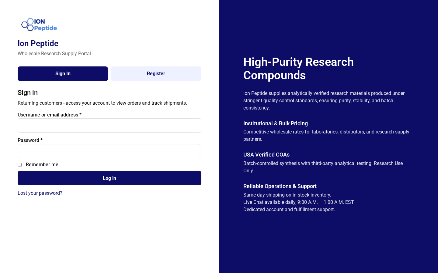 Screenshot of Ion Peptide's wholesale research supply portal showing the Ion Peptide hexagonal logo, sign-in/register form, 'High-Purity Research Compounds' heading, and three value props: Institutional & Bulk Pricing, USA Verified COAs, Reliable Operations & Support.